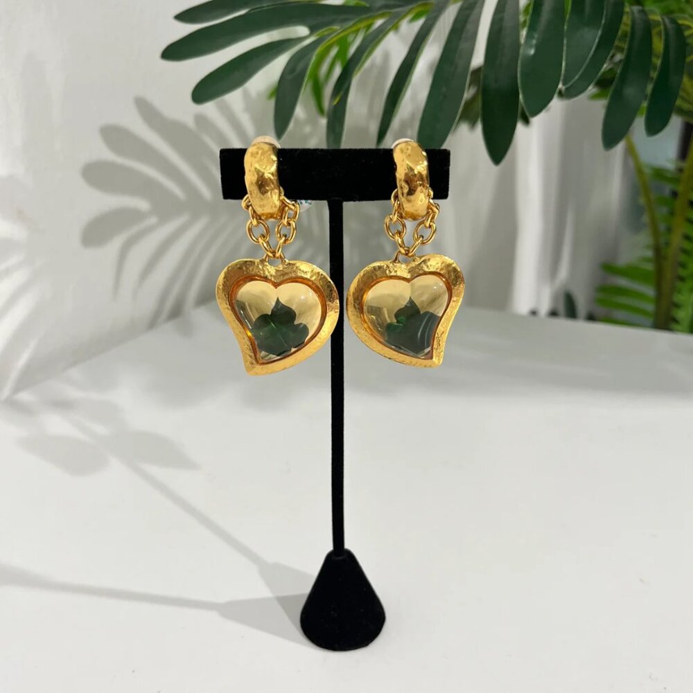 Vintage YSL Gold Heart Drop Clip Earrings w/ Green Clover